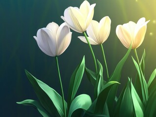 Poster - Three white tulips with green leaves against a blue background