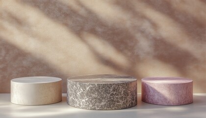 Poster - Premium Stone Podium With Shadow On The Wall Design. Rock Pedestal With Box Base Stand On Pastel Light Background. Ideal For Eco-Friendly Cosmetics And Spa Products.