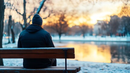 Aufkleber - Individual reflecting on life while seated on a bench beside a tranquil lake at sunset : Generative AI
