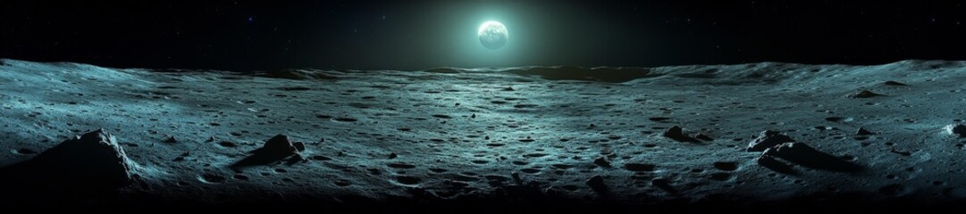Wall Mural - Panoramic view of the moon's surface with Earth in the distance casting a surreal glow. Generative AI