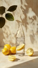 Poster - Fresh lemons and bottled water on a table, perfect for a kitchen or dining setup