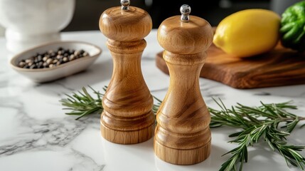 Poster - A pair of pepper grinds sitting on a kitchen counter