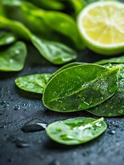 Aufkleber - Fresh Green Spinach Leaves with Water Drops and Lemon Slice on a Dark Background : Generative AI