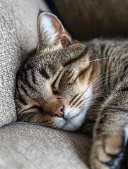 Poster - Beautiful Tabby Cat Sleeping Happily on a Cozy Couch Surrounded by Soft Fabrics in Natural Lighting : Generative AI