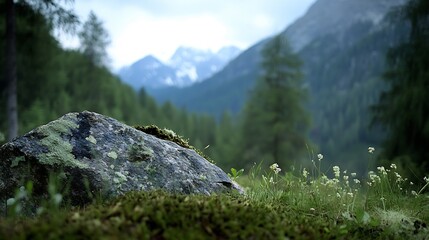 Aufkleber - Serene natural scene with mossy rock and delicate wildflowers amidst lush greenery and mountains : Generative AI