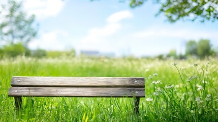 Aufkleber - Serene Wooden Bench in a Lush Green Field Under a Bright Blue Sky : Generative AI