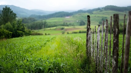 Poster - Fenced Green Fields Stretching Towards Rolling Hills Under a Cloudy Sky : Generative AI