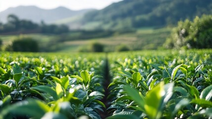 Poster - Lush green tea plantation with vibrant leaves stretching across the landscape under soft sunlight : Generative AI