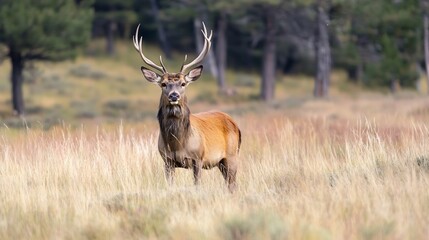 Poster - Wild stag standing tall in a grassy meadow surrounded by trees showcasing its majestic antlers and wild spirit : Generative AI