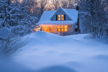 Aufkleber - Cozy home in winter landscape with warm lighting