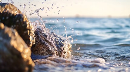 Aufkleber - Cascading water droplets splashing over rocks in a glistening ocean at sunset : Generative AI