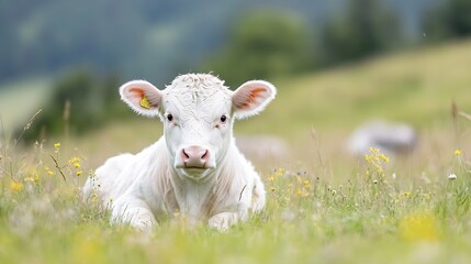 Poster - Adorable young calf relaxing in a green meadow surrounded by flowers on a sunny day : Generative AI