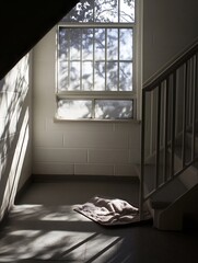 Leinwandbilder - Quiet Stairwell with Natural Light Streaming Through Windows and Casting Shadows : Generative AI