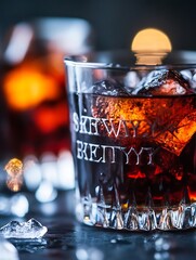 Aufkleber - Refreshing iced beverage served in a crystal glass with icebergs and a blurred background of nightlife : Generative AI
