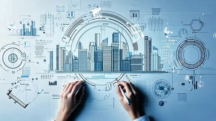 Poster - Futuristic Urban Landscape with Graphs and Charts Illustrating Business Metrics and Data Analysis Concept