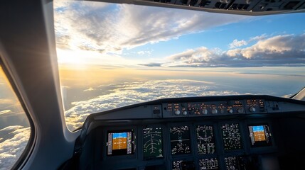 Poster - Cockpit view of an airplane soaring above the clouds during a breathtaking sunset : Generative AI