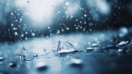 Poster - Raindrops falling on a surface creating dynamic splashes and a soothing rainy atmosphere : Generative AI