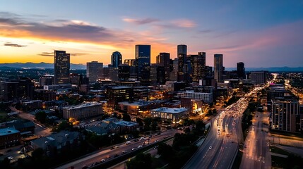 Poster - Stunning sunset view of a bustling city skyline with vibrant lights in the evening : Generative AI