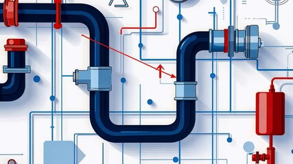 Poster - Abstract Illustration of Complex Industrial Pipelines and Digital Connection Elements in Blue and Red Colors