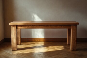 Poster - A simple wooden table sits on top of a hardwood floor, perfect for any rustic or natural-themed setting