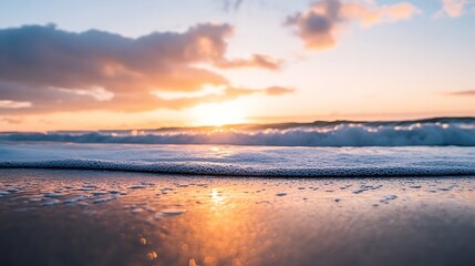 Poster - Beautiful sunset over calm ocean waves reflecting golden hues creating a serene coastal scene : Generative AI