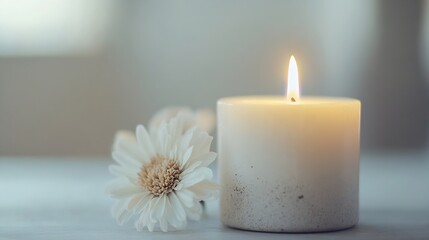 Aufkleber - Delicate white candle burning beside soft flowers in serene indoor setting : Generative AI