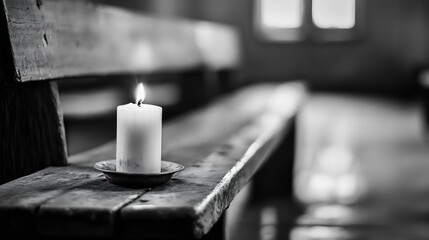 Aufkleber - A serene black and white image of a candle illuminating a wooden bench in a soft focused room : Generative AI