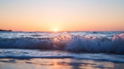 Aufkleber - Gentle waves rolling onto a sandy beach as the sun sets on the horizon creating a serene atmosphere : Generative AI