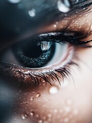Poster - Closeup view of a human eye with tears reflecting light showcasing emotion and depth : Generative AI