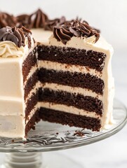 Aufkleber - Delicious layered chocolate cake with creamy frosting displayed elegantly on a glass cake stand : Generative AI