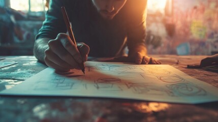 Poster - A person creating art with a pencil on paper, great for educational or creative uses