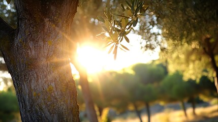 Poster - Golden sunlight filtering through olive tree branches creating a serene nature scene : Generative AI