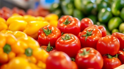 Poster - Vibrant fresh organic vegetables including tomatoes and peppers in a colorful display at a market : Generative AI