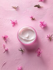 Poster - A decorative arrangement of pink flowers surrounding a small jar of cream