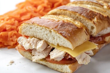 Poster - Freshly prepared sandwich with layers of meat, cheese, and crunchy carrots on a plate