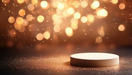 Poster - Cream Podium With Golden Circle And Glitter Light Effects, Adorned With Bokeh Decoration For Showcasing Products In A Striking Display.