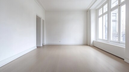 Poster - Empty and minimalistic room with large windows and bright natural light creating a calm atmosphere : Generative AI
