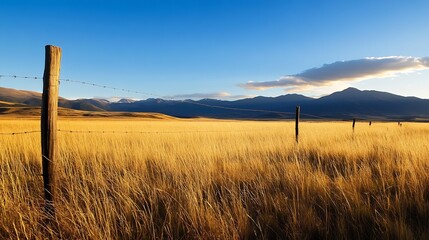 Poster - Serene Landscape Capturing the Beauty of a Vast Golden Field Against a Clear Blue Sky : Generative AI