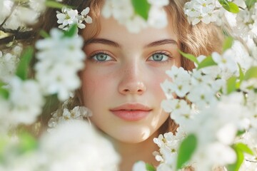 Poster - A young woman surrounded by white flowers in a peaceful setting