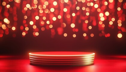 Poster - Luxurious Scene With Empty Podium In Gold On Red Background With Neon Lighting And Bokeh Decorations: A Stunning Display.