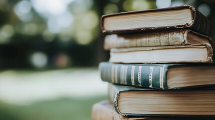 Poster - Collection of vintage books stacked outdoors with soft lighting and blurred natural background for a nostalgic feel : Generative AI