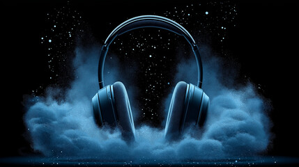 sonic symphony: a sleek pair of headphones, radiating a cool blue hue, floats amidst a nebula of eth