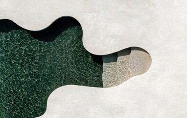 Poster - Abstract aerial view of a swimming pool with a unique, organic-shaped cutout in a light gray concrete deck. The pool water is a dark teal