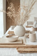 Poster - A still life composition featuring a vase with dried flowers and a plate of crackers
