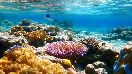 Poster - Underwater scene displaying coral formations and vibrant marine life in crystal clear water : Generative AI