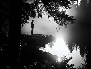Poster - A person stands at the edge of a rocky outcropping, surrounded by foliage and possibly in a natural environment