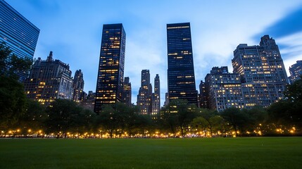 Aufkleber - Dramatic city skyline illuminated at dusk surrounded by lush greenery in an urban park oasis : Generative AI