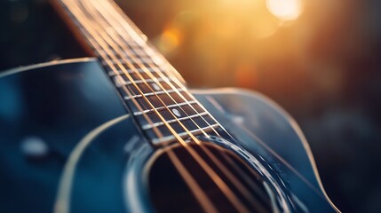 Aufkleber - Captivating close up of acoustic guitar strings glistening in golden sunset light creating a musical vibe : Generative AI