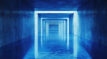 Aufkleber - Blue flooded concrete tunnel, perspective, light, water, architecture, background, design, stock photo