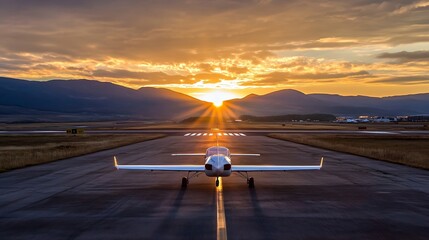 Poster - Sunset View of Small Airplane on Airstrip with Mountains in the Background : Generative AI
